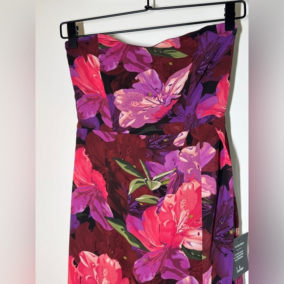 Lulus Burgundy Multi Floral Strapless Tulip Midi Dress - Picture 12 of 16